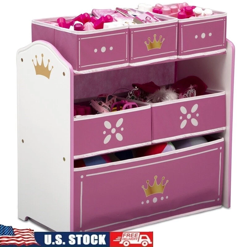 Princesa Corona Juguete Organizador Almacenamiento 6 Contenedores Niños Muebles Madera Tela Seguro Nuevo Foto 1 de 4