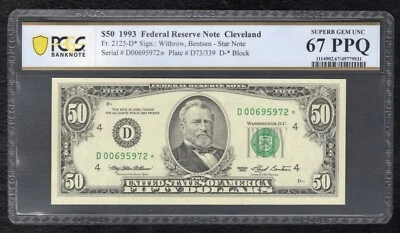 FR. 2125-D* 1993 $50 *STAR* FRN CLEVELAND, OH PCGS BANKNOTE GEM UNC-67PPQ (T) - Image 1 of 2
