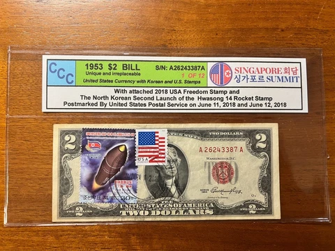 1953 USA $2 Note with attached stamps - USA and Korea - Singapore Summit 2018 Cover
