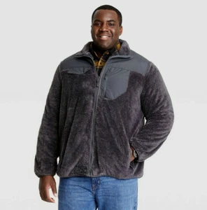 Goodfellow Mens Faux Fur Sherpa Lined Jacket XXL Gray Full Zip Tech Pockets NEW - Picture 1 of 8