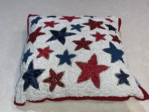 Stars & Stripes Red White Blue Beaded Accent Throw Pillow Patriotic American 14" - Picture 1 of 8