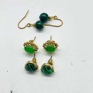 Set 3 Paar Ohrringe goldfarben grün Malachit Herzen Jade Heiligenschein Ohrstecker Ohrhänger - Bild 1 von 14