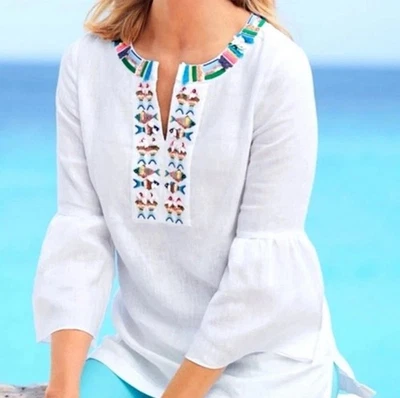 Talbots White Linen Beaded Fish Embellished Tunic Shirt Bell Sleeves Plus Sz 1X - Image 1 of 4