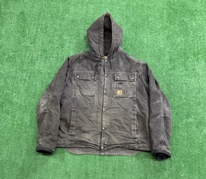 Vintage Carhartt J284 Sherpa Lined Work Jacket Black Hooded Distressed Men Large - Picture 1 of 6