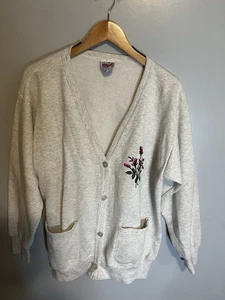 Vintage Gloria grau Knopfleiste Cardigan Pullover bestickt Blumen XL Oma USA - Bild 1 von 4