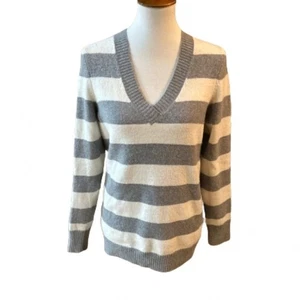 Gap Wolle grau weiß gestreift V-Ausschnitt Langarm Pullover Winter Herbst Größe Large - Bild 1 von 8