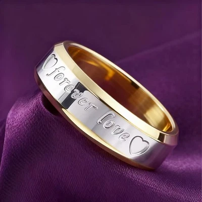 Men's Women Stainless Steel Forever Love Golden Engagement Wedding Band Ring M-U - Image 1 of 4