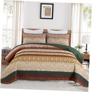 Boho Quilt Set King Size Brown Green Bohemian Striped Bedspread Coverlet Set, - Picture 1 of 8