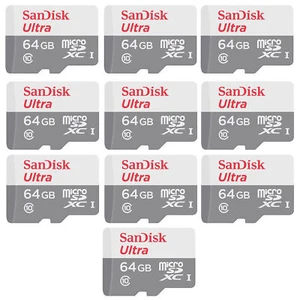 10x SanDisk Ultra 64GB microSDXC Card UHS-1 Upto 100 MB/s Class 10 w/ SD Adapter - Picture 1 of 4