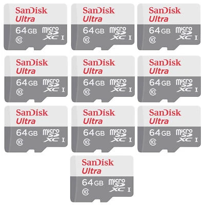 10x SanDisk Ultra 64GB microSDXC Card UHS-1 Upto 100 MB/s Class 10 w/ SD Adapter - Image 1 of 4