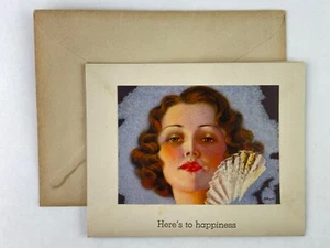 1930s BUTTERFLY SOUVENIR CARD Woman with Fan Mint Condition w/Envelope - Picture 1 of 12