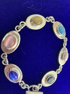 TAXCO ~ Sterling Silver & 6 Cats Eye Gemstone ~ Link Bracelet ~ Size 7.50 ~35g - Picture 1 of 16
