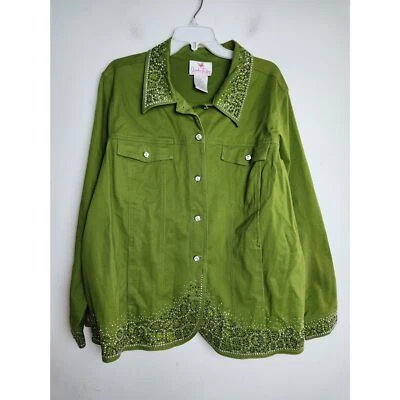 Quacker Factory Green w/Studded Detail Cotton Button Up Jacket size 1X - Image 1 of 4