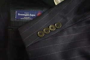 Saks Fifth Avenue x Ermenegildo Zegna Wool Navy Blue Pinstriped 2 Pc Suit Sz 44R - Picture 1 of 12