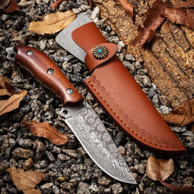 Cuchillo de caza Skinner hoja fija patrón de acero Damasco mango de madera borde afilado Foto 1 de 4
