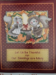 Cross Stitch "THANKSGIVING BLESSING" pattern ~ squirrels, leaves, bread, pumpkin - Picture 1 of 1