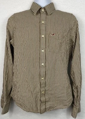 Hollister Button Up Shirt Mens Medium White Brown Stripes Long Sleeve - Image 1 of 4