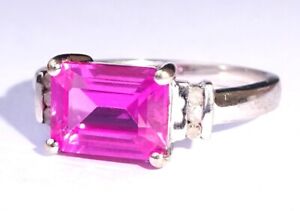 9ct White Gold Emerald Cut Pink Sapphire & Diamond Solitaire Ring, Size L1/2