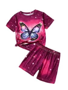 New Girls 10 Burgundy Pink Silky Soft Butterfly Shorts Set Outfit - Picture 1 of 2