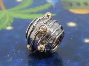 Retired Pandora Silver and 14K Gold Dark Line Bead with Diamonds 790209D - Picture 1 of 14