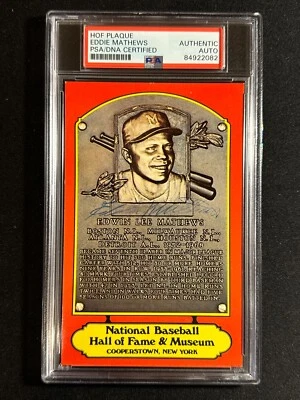 Eddie Mathews Autographed HOF Plaque Postcard PSA Authentic New Slab - Image 1 of 2