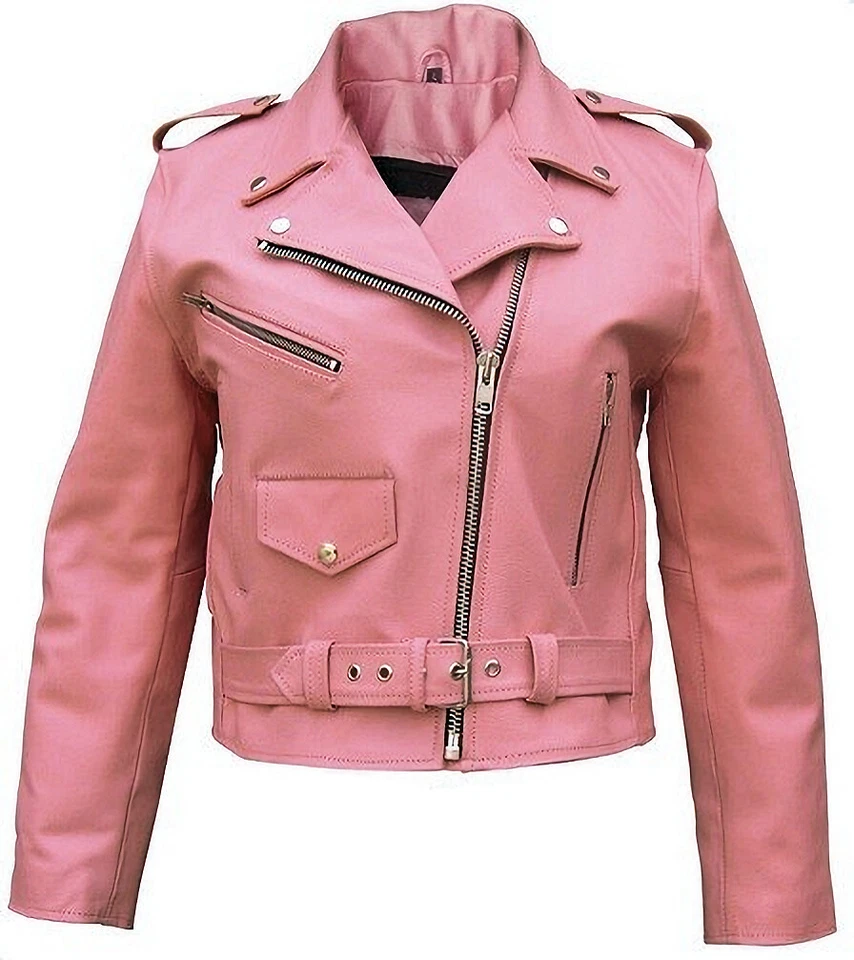 Chaqueta de moto de cuero rosa para mujer con bolsillos para cinturón ENVÍO GRATUITO Foto 1 de 1