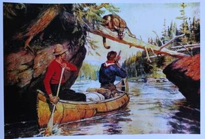 Hunters Canoe Cougar by Phillip Goodwin vintage art - Picture 1 of 1