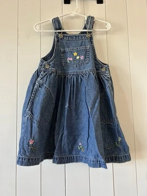 Vintage 90s Baby GAP Overall Denim Dress Toddler Sz 4 Years Embroidered Floral - Image 1 of 4