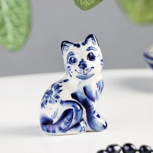 Handcrafted Gzhel Porcelain Cat Figurine, Blue and White Russian Folk Art,... - Picture 1 of 8