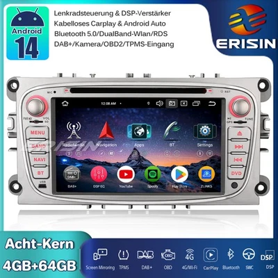 8-Kern Android 14 Autoradio GPS CarPlay RDS Für Ford Mondeo Focus C/S-Max Galaxy - Bild 1 von 4
