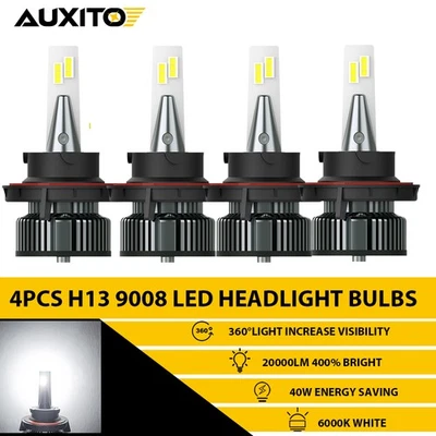 4X H13 9008 Super Bright LED Headlight Bulbs Kit 6000K 20000LM White Hi-Lo Beam - Image 1 of 4