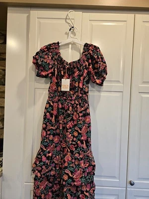 Maxi Vestido Knox Rose Manga Corta en Niveles - Negro Rosa Floral - Mujer PEQUEÑO NUEVO Foto 1 de 4