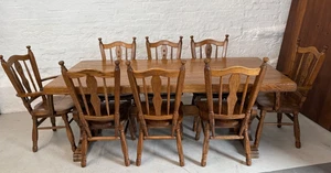French Oak Farmhouse Dining Table + 8 Chairs | 6 Dining + 2 Carvers - Picture 1 of 21
