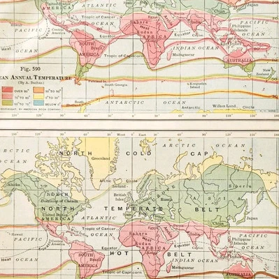 Mapa Mundial Temperaturas Anuales 1920 Cinturones de Calor Líneas Isotérmicas De Colección DWQ5 Foto 1 de 2