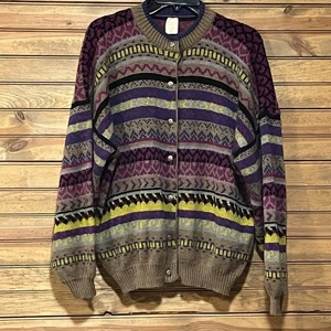Italian Sweater Cardigan Women’s Acrylic Size Medium Purple Blue Striped Buttons - Picture 1 of 11