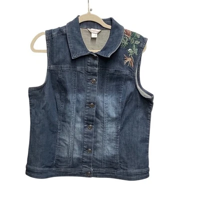 Christopher & Banks Womens Denim Vest Blue Floral Embroidered Button Front L - Image 1 of 4