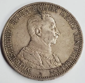 1913-A German Prussia Funf 5 Mark 0.900 Silver Coin XF+ - Picture 1 of 7