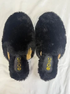 Damen 2 schicke flauschige schwarze Hausschuhe mit hartem Absatz Größe 8,5 - Bild 1 von 3