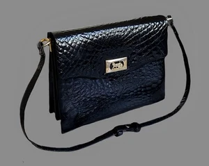 True Vintage Céline Lederhandtasche 80er Schwarz Kroko Glanzgestoßen - Bild 1 von 13