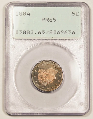 1884 Proof Liberty V Nickel 5 Cent PCGS OGH Rattler PR65 PF65 Type 2 With Cents Cover