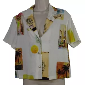 C&C California Vacation Print Linen Blend Short-Sleeve Shirt Women Size M NEW - Picture 1 of 8