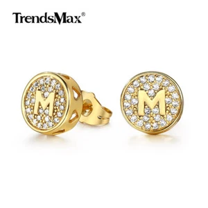 Pair of Gold Plated Initial Letter M Stud Earrings Alphabet CZ Charm Jewelry - Picture 1 of 2