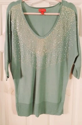 SUÉTER PULL OVER ELLE TALLA S GRIS LENTEJUELAS 3/4" MANGA DOLMAN CUELLO EN V ALGODÓN/RAYÓN Foto 1 de 3