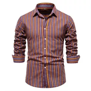 Herren Hemd Langarmhemd Gestreift Kariert Kopf Slim-Fit Freizeit Reise Business - Picture 1 of 14