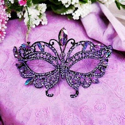 Purple Masquerade Ball Mask, Black Party Mask, Lavender Crystal Mask, Prom Mask - Image 1 of 4