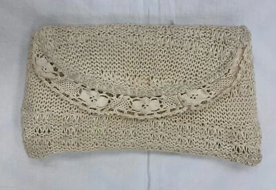 Vintage Crochet Woven Envelope Clutch Purse Natural Ivory Cotton Cottage Bridal - Image 1 of 4