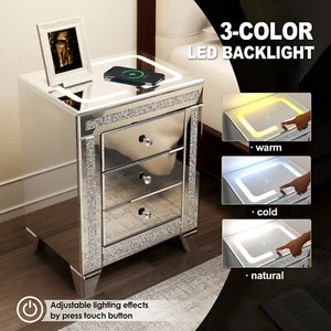 LED Mirrored Nightstand Silver Side Table 3 Drawers, Wireless Charging, USB - Picture 1 of 14
