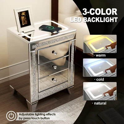 Modern LED Mirrored Nightstand Bedside Table w/3 Drawer,USB,Wireless Charging - Image 1 of 4