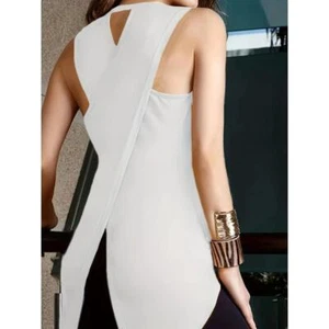 Canotta donna moda tinta unita senza maniche girocollo schiena incrociata slim fit top - Foto 1 di 5