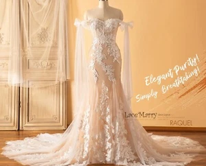Luxurious Blush Lace Wedding Dress Bridal Gown 2-28W Custom made Corset Straps - Picture 1 of 11